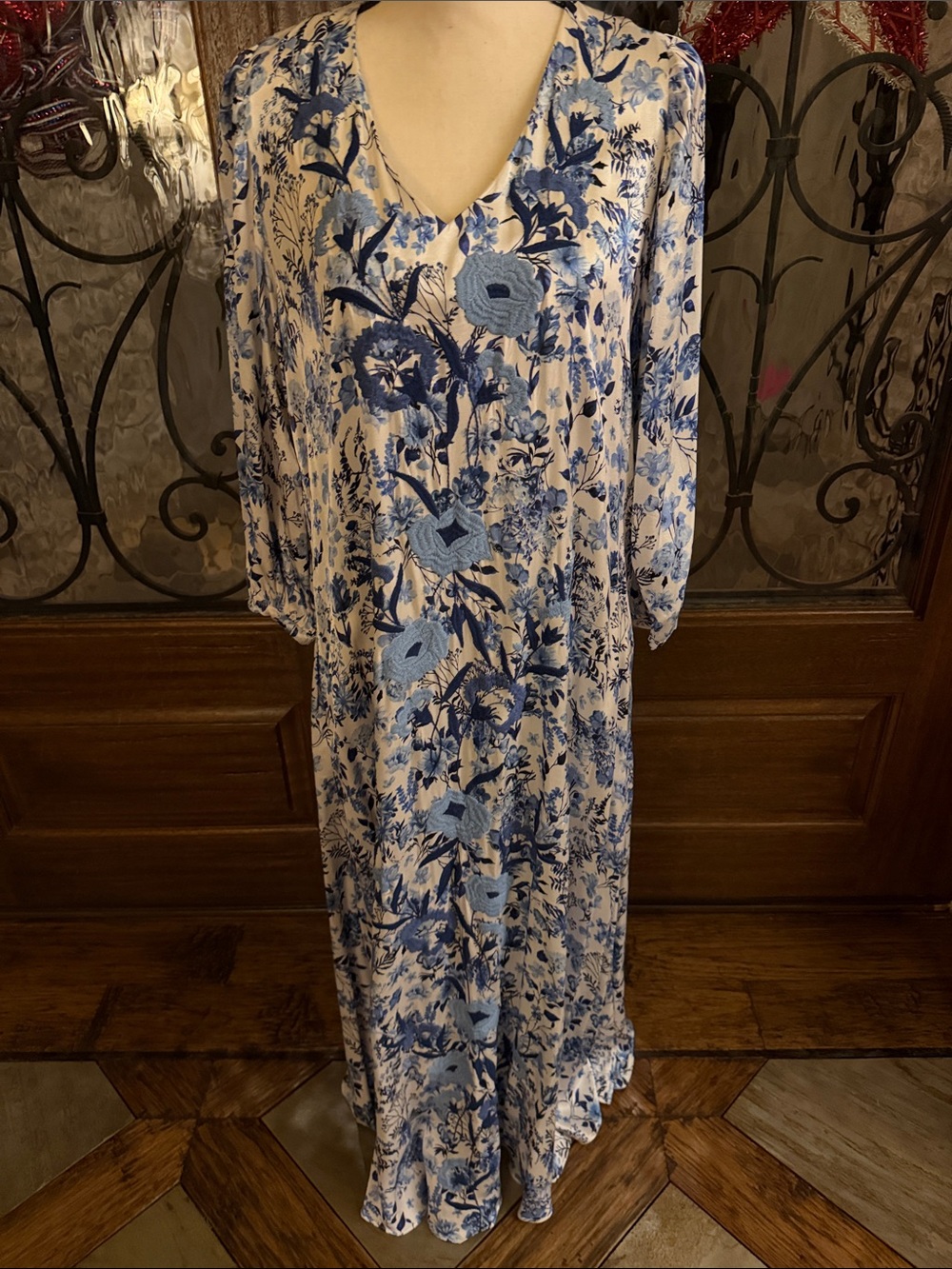 Mi Golondrina Silk Embroidered, Handcrafted Blue Floral V-Neck Women's Dress